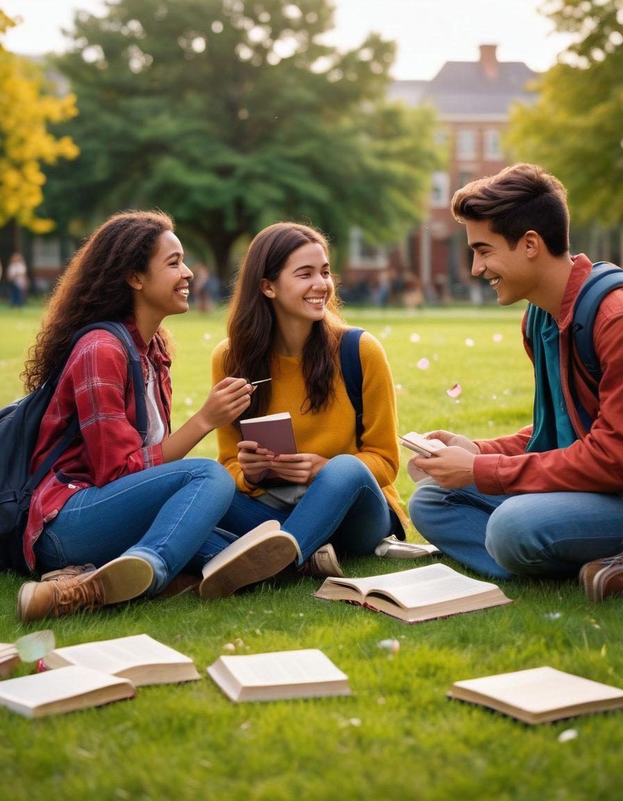 A vibrant college scene depicting diverse young adults engaging in various intimate conversations and social interactions. Include subtle symbols of romance like hearts and connection, with books and backpacks scattered around to emphasize the college setting. Capture a playful yet sincere atmosphere, showcasing both friendships and romantic interests. Colorful and dynamic composition, reflecting energy and youthful spirit. super-realistic. vibrant colors. 3D.